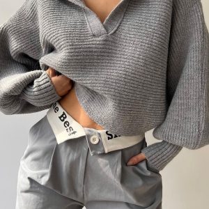 Lantern Sleeve Open Collar Knit Sweater